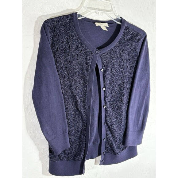 Loft Women’s Small Button Up Floral Lace Front Black 3/4 Sleeve Cardigan - Picture 6 of 8